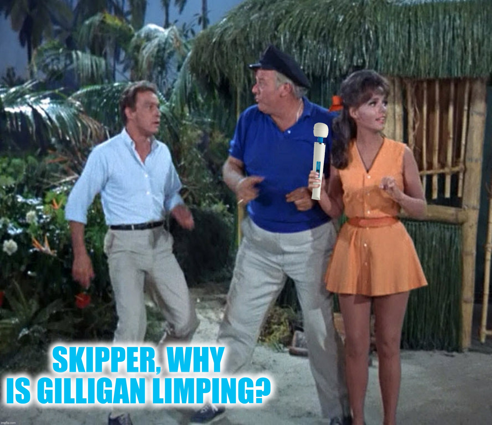 Bad Photoshop Sunday presents:  Gilligan's Fantasy Island | SKIPPER, WHY IS GILLIGAN LIMPING? | image tagged in bad photoshop sunday,gilligan's island,fantasy island | made w/ Imgflip meme maker