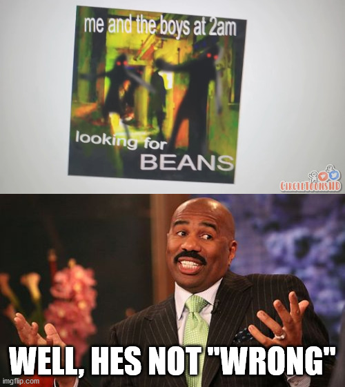 WELL, HES NOT "WRONG" | image tagged in memes,steve harvey,me and the boys,at 2am looking for,beans,circletoonshd | made w/ Imgflip meme maker
