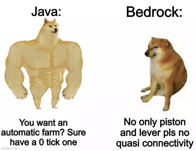 Buff Doge vs. Cheems Meme | Bedrock:; Java:; You want an automatic farm? Sure have a 0 tick one; No only piston and lever pls no quasi connectivity | image tagged in buff doge vs cheems,minecraft | made w/ Imgflip meme maker