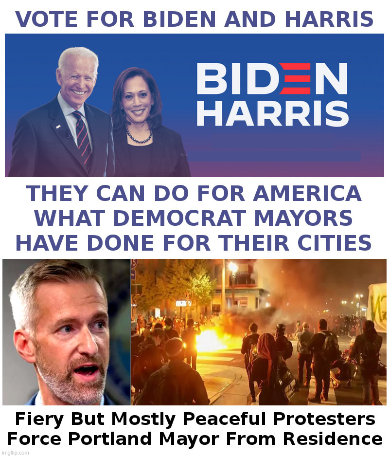 Fiery But Mostly Peaceful Protesters Force Portland Mayor From Residence | image tagged in ted wheeler,joe biden,kamala harris,black lives matter,looting,riots | made w/ Imgflip meme maker