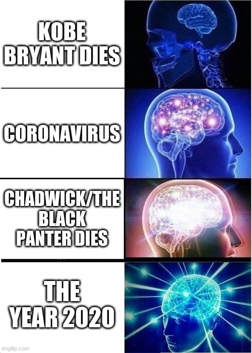2020 | KOBE BRYANT DIES; CORONAVIRUS; CHADWICK/THE BLACK PANTER DIES; THE YEAR 2020 | image tagged in memes,expanding brain | made w/ Imgflip meme maker