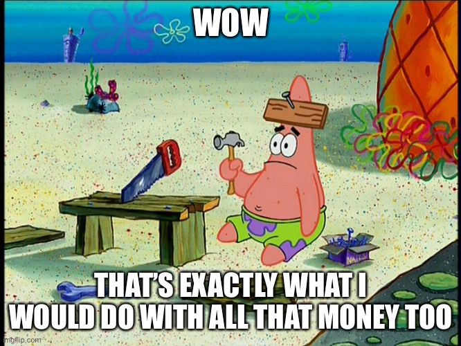 Patrik | WOW THAT’S EXACTLY WHAT I WOULD DO WITH ALL THAT MONEY TOO | image tagged in patrik | made w/ Imgflip meme maker