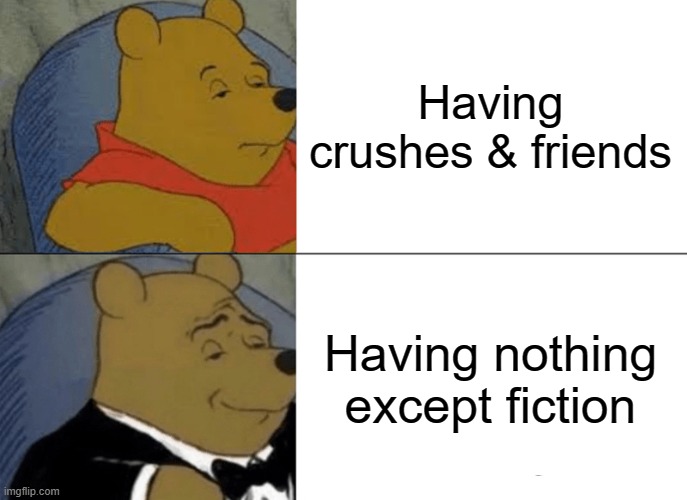 Tuxedo Winnie The Pooh | Having crushes & friends; Having nothing except fiction | image tagged in memes,tuxedo winnie the pooh | made w/ Imgflip meme maker