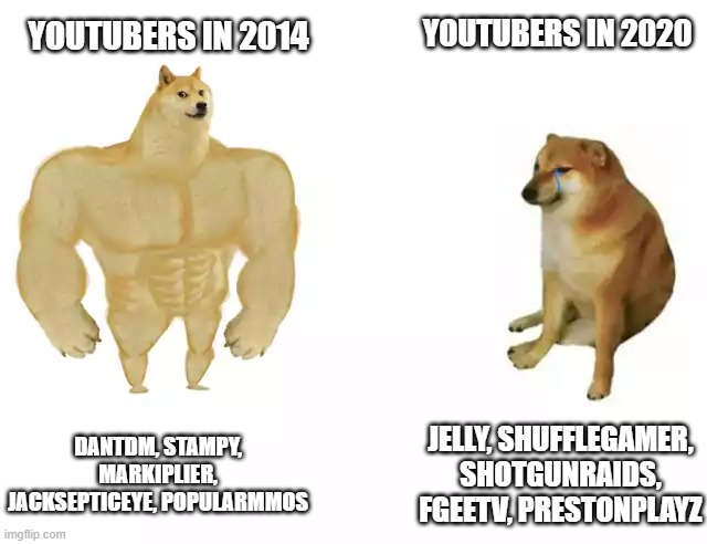Buff Doge vs. Cheems Meme | YOUTUBERS IN 2020; YOUTUBERS IN 2014; DANTDM, STAMPY, MARKIPLIER, JACKSEPTICEYE, POPULARMMOS; JELLY, SHUFFLEGAMER, SHOTGUNRAIDS, FGEETV, PRESTONPLAYZ | image tagged in buff doge vs cheems | made w/ Imgflip meme maker