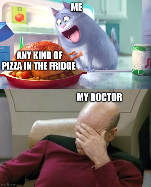 No explanation. | ME; ANY KIND OF PIZZA IN THE FRIDGE; MY DOCTOR | image tagged in memes,captain picard facepalm,cat,pizza,health,relatable | made w/ Imgflip meme maker