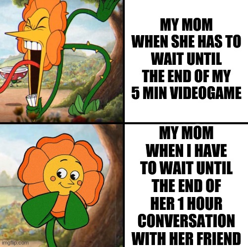 Angry mom | MY MOM WHEN SHE HAS TO WAIT UNTIL THE END OF MY 5 MIN VIDEOGAME; MY MOM WHEN I HAVE TO WAIT UNTIL THE END OF HER 1 HOUR CONVERSATION WITH HER FRIEND | image tagged in angry flower | made w/ Imgflip meme maker