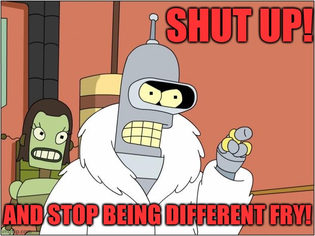 Bender Meme | SHUT UP! AND STOP BEING DIFFERENT FRY! | image tagged in memes,bender | made w/ Imgflip meme maker