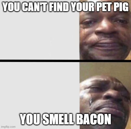 Black Man Crying | YOU CAN'T FIND YOUR PET PIG; YOU SMELL BACON | image tagged in black man crying,bacon,pig,sadness | made w/ Imgflip meme maker