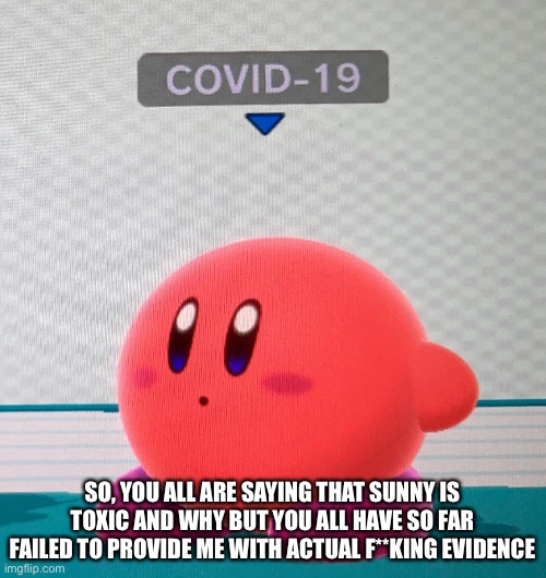 SO, YOU ALL ARE SAYING THAT SUNNY IS TOXIC AND WHY BUT YOU ALL HAVE SO FAR FAILED TO PROVIDE ME WITH ACTUAL F**KING EVIDENCE | made w/ Imgflip meme maker