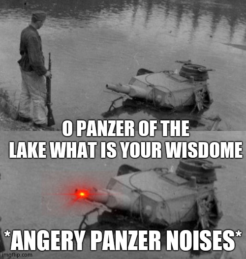 Panzer of the lake | O PANZER OF THE LAKE WHAT IS YOUR WISDOME; *ANGERY PANZER NOISES* | image tagged in panzer of the lake | made w/ Imgflip meme maker