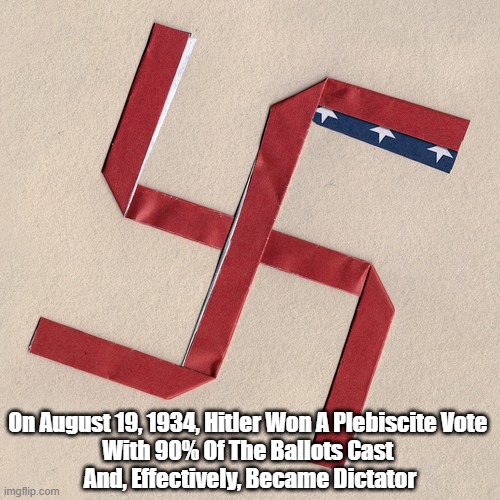  On August 19, 1934, Hitler Won A Plebiscite Vote 
With 90% Of The Ballots Cast 
And, Effectively, Became Dictator | made w/ Imgflip meme maker