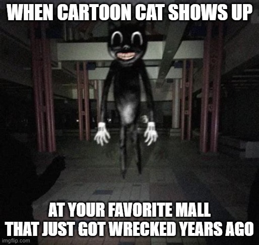 It's cartoon cat! | WHEN CARTOON CAT SHOWS UP; AT YOUR FAVORITE MALL THAT JUST GOT WRECKED YEARS AGO | image tagged in cartoon cat | made w/ Imgflip meme maker