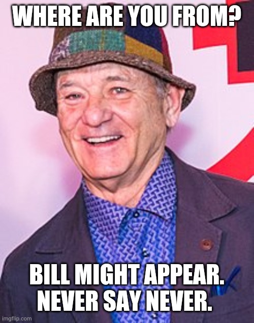 Bill Murray | WHERE ARE YOU FROM? BILL MIGHT APPEAR. NEVER SAY NEVER. | image tagged in bill murray,bill murray groundhog day,bill murray golf | made w/ Imgflip meme maker
