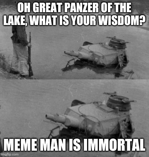 Panzer of the lake | OH GREAT PANZER OF THE LAKE, WHAT IS YOUR WISDOM? MEME MAN IS IMMORTAL | image tagged in panzer of the lake | made w/ Imgflip meme maker