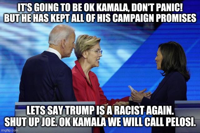 The Democrats are starting to panic | IT'S GOING TO BE OK KAMALA, DON'T PANIC! BUT HE HAS KEPT ALL OF HIS CAMPAIGN PROMISES; LETS SAY TRUMP IS A RACIST AGAIN. SHUT UP JOE. OK KAMALA WE WILL CALL PELOSI. | image tagged in funny memes | made w/ Imgflip meme maker