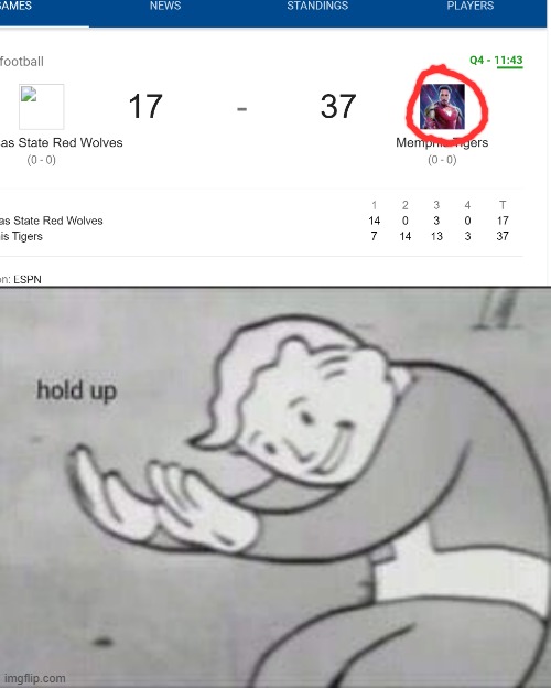 WHAT THE HECK HAPPENED??? | image tagged in fallout hold up,college football,iron man,memes,funny,stupid | made w/ Imgflip meme maker