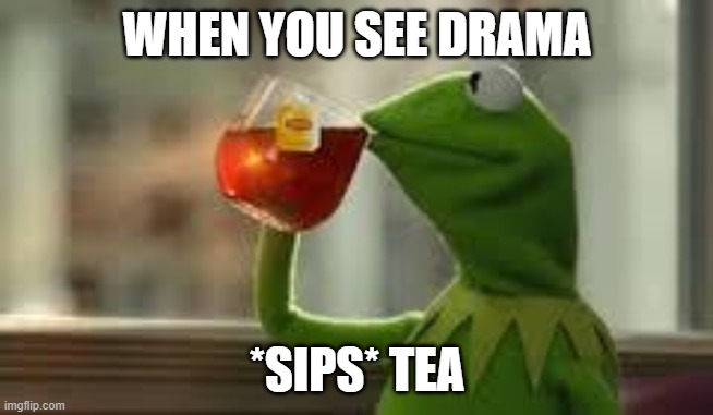 kirmit the frog | WHEN YOU SEE DRAMA; *SIPS* TEA | image tagged in kirmit the frog | made w/ Imgflip meme maker