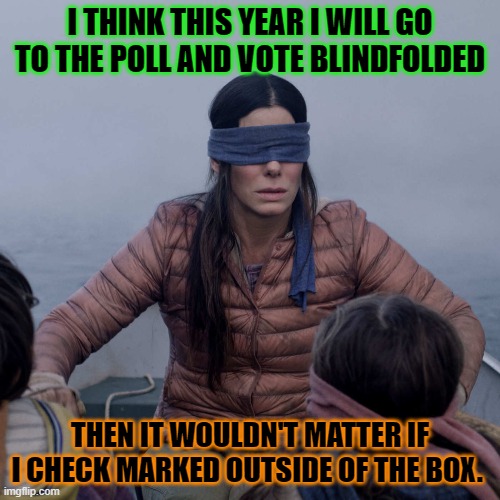 Bird Box | I THINK THIS YEAR I WILL GO TO THE POLL AND VOTE BLINDFOLDED; THEN IT WOULDN'T MATTER IF I CHECK MARKED OUTSIDE OF THE BOX. | image tagged in memes,bird box | made w/ Imgflip meme maker