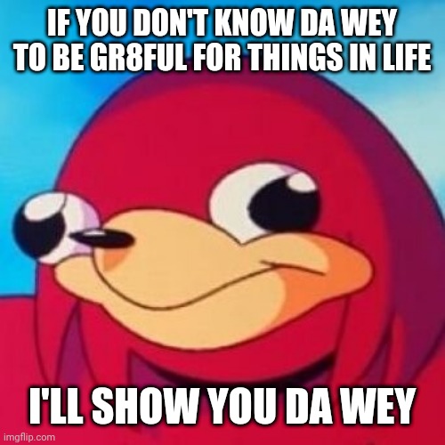 Ugandan Knuckles | IF YOU DON'T KNOW DA WEY TO BE GR8FUL FOR THINGS IN LIFE; I'LL SHOW YOU DA WEY | image tagged in ugandan knuckles,memes,do you know da wae,da wae,grateful | made w/ Imgflip meme maker