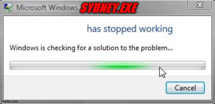 SYD.EXE | SYDNEY.EXE | image tagged in words has stopped working | made w/ Imgflip meme maker