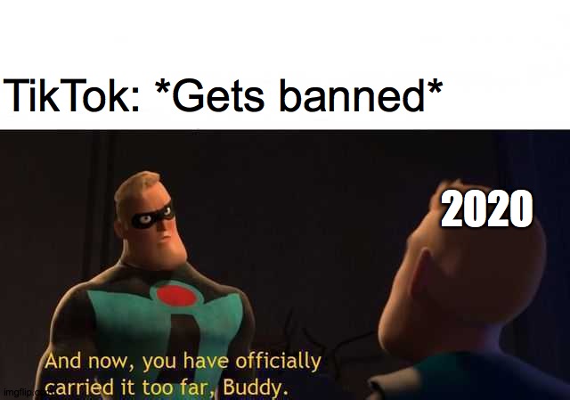 And now you have officially carried it too far buddy | TikTok: *Gets banned*; 2020 | image tagged in and now you have officially carried it too far buddy | made w/ Imgflip meme maker