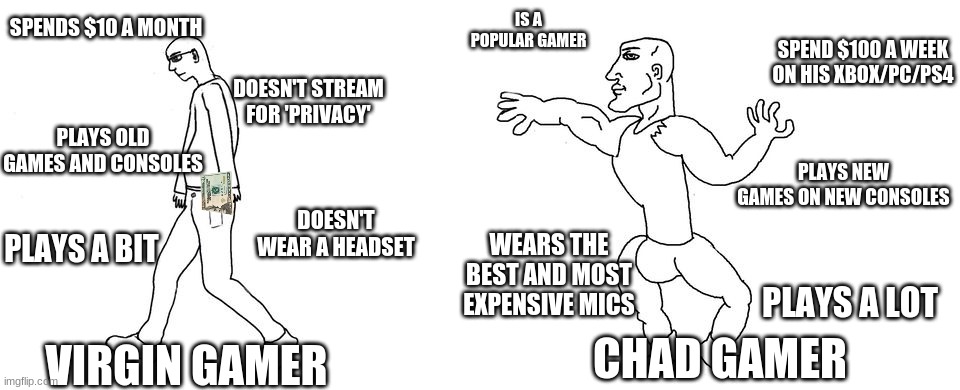The Virgin Gamer Vs The Chad Gamer | IS A POPULAR GAMER; SPENDS $10 A MONTH; SPEND $100 A WEEK ON HIS XBOX/PC/PS4; DOESN'T STREAM FOR 'PRIVACY'; PLAYS OLD GAMES AND CONSOLES; PLAYS NEW GAMES ON NEW CONSOLES; DOESN'T WEAR A HEADSET; PLAYS A BIT; WEARS THE BEST AND MOST EXPENSIVE MICS; PLAYS A LOT; CHAD GAMER; VIRGIN GAMER | image tagged in virgin vs chad | made w/ Imgflip meme maker