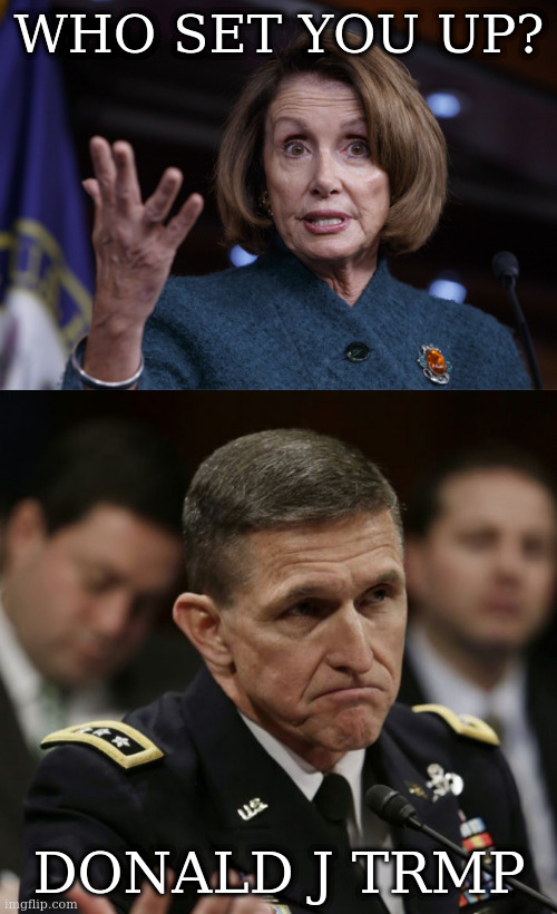 WHO SET YOU UP? DONALD J TRMP | image tagged in michael flynn,good old nancy pelosi | made w/ Imgflip meme maker