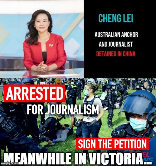 Cheng Lei detained in China | MEANWHILE IN VICTORIA... | image tagged in cheng,lei,avi,yemini,china,australia | made w/ Imgflip meme maker