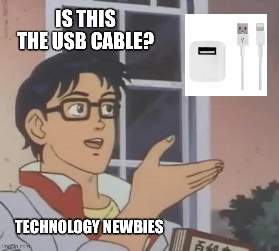 :/ | IS THIS THE USB CABLE? TECHNOLOGY NEWBIES | image tagged in memes,is this a pigeon,technology,noob | made w/ Imgflip meme maker
