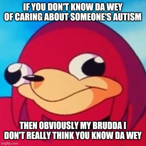 Ugandan Knuckles | IF YOU DON'T KNOW DA WEY OF CARING ABOUT SOMEONE'S AUTISM; THEN OBVIOUSLY MY BRUDDA I DON'T REALLY THINK YOU KNOW DA WEY | image tagged in ugandan knuckles,memes,do you know da wae,da wae,autism,so true | made w/ Imgflip meme maker