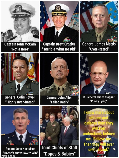 Trump Opens his Big Mouth, Inserts his Foot | image tagged in trump,insults,joint chiefs of staff,military | made w/ Imgflip meme maker