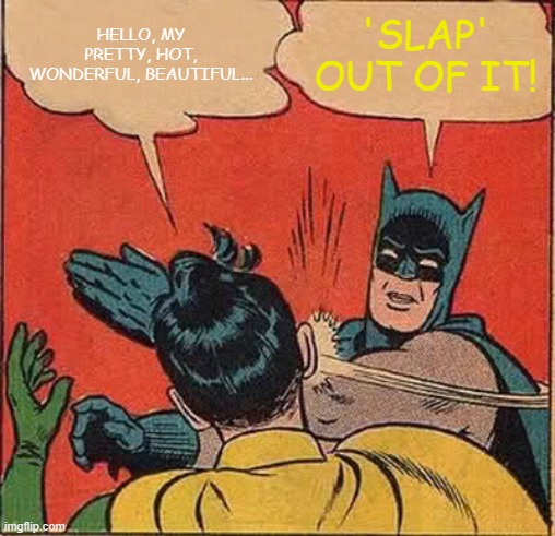 'SLAP' out of it! | HELLO, MY PRETTY, HOT, WONDERFUL, BEAUTIFUL... 'SLAP' OUT OF IT! | image tagged in memes,batman slapping robin | made w/ Imgflip meme maker