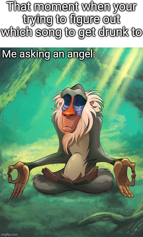 Rafiki meditation | That moment when your trying to figure out which song to get drunk to; Me asking an angel: | image tagged in rafiki meditation | made w/ Imgflip meme maker