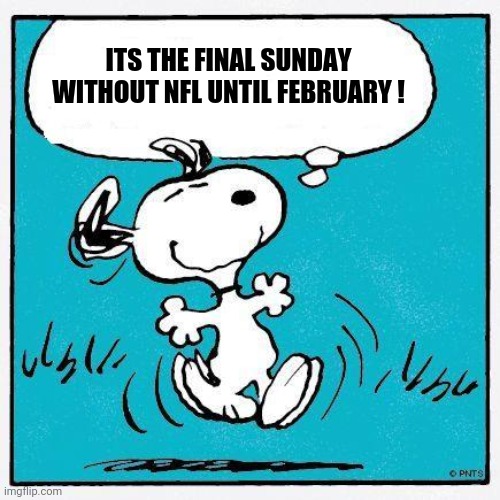 Final sunday! | ITS THE FINAL SUNDAY WITHOUT NFL UNTIL FEBRUARY ! | image tagged in snoopy,memes,nfl,nfl memes | made w/ Imgflip meme maker