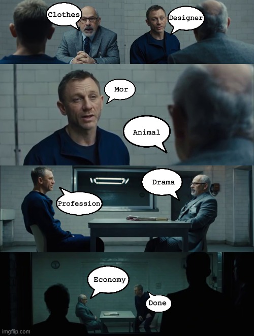 Skyfall | Designer; Clothes; Mor; Animal; Drama; Profession; Economy; Done | image tagged in funny | made w/ Imgflip meme maker