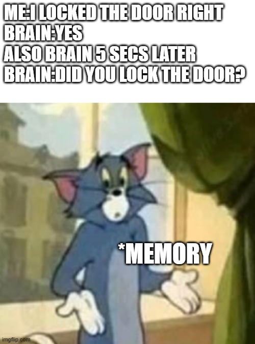 ME:I LOCKED THE DOOR RIGHT
BRAIN:YES
ALSO BRAIN 5 SECS LATER
BRAIN:DID YOU LOCK THE DOOR? *MEMORY | image tagged in blank white template,memes | made w/ Imgflip meme maker
