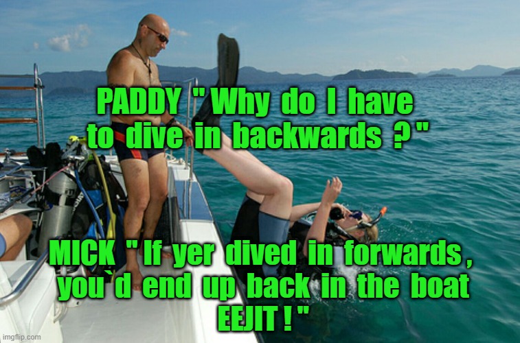 Paddy and Mick | PADDY  " Why  do  I  have  to  dive  in  backwards  ? "; MICK  " If  yer  dived  in  forwards ,
 you`d  end  up  back  in  the  boat
 EEJIT ! " | image tagged in diving | made w/ Imgflip meme maker
