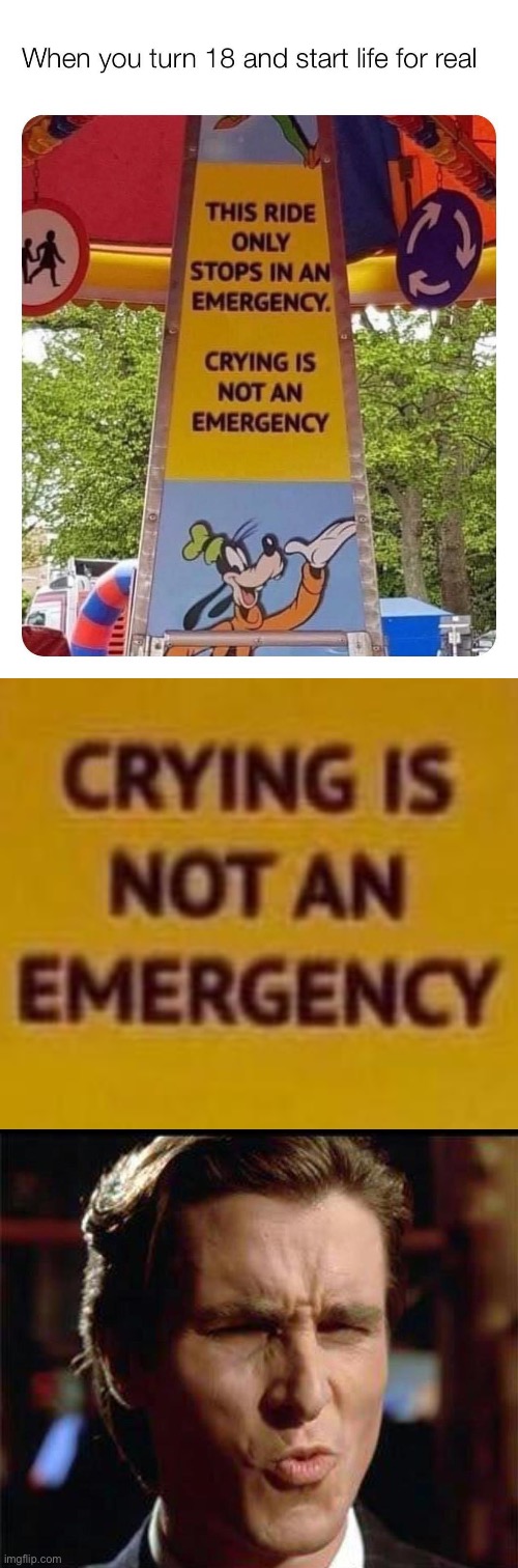 Oof | image tagged in christian bale ooh,oof,crying,emergency,theme park,ride | made w/ Imgflip meme maker