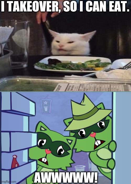 Lifty & Shifty "Awwwww!!" (HTF) | I TAKEOVER, SO I CAN EAT. AWWWWW! | image tagged in lifty shifty awwwww htf,memes,funny,woman yelling at cat,crossover | made w/ Imgflip meme maker