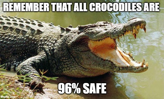 Crocodile barrel roll | REMEMBER THAT ALL CROCODILES ARE; 96% SAFE | image tagged in crocodile barrel roll | made w/ Imgflip meme maker
