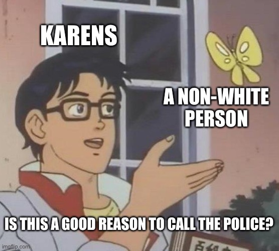 Is This A Pigeon | KARENS; A NON-WHITE PERSON; IS THIS A GOOD REASON TO CALL THE POLICE? | image tagged in memes,is this a pigeon | made w/ Imgflip meme maker