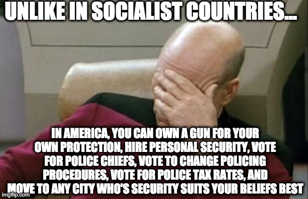 Captain Picard Facepalm Meme | UNLIKE IN SOCIALIST COUNTRIES... IN AMERICA, YOU CAN OWN A GUN FOR YOUR OWN PROTECTION, HIRE PERSONAL SECURITY, VOTE FOR POLICE CHIEFS, VOTE | image tagged in memes,captain picard facepalm | made w/ Imgflip meme maker