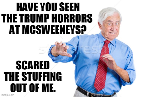 I dare you to read it to the end. I dare you. | HAVE YOU SEEN THE TRUMP HORRORS 
AT MCSWEENEYS? SCARED THE STUFFING OUT OF ME. | image tagged in trump,horror,cruel,collusion,crime | made w/ Imgflip meme maker