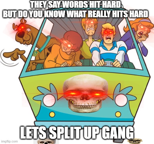 Scooby Doo Meme |  THEY SAY WORDS HIT HARD
BUT DO YOU KNOW WHAT REALLY HITS HARD; LETS SPLIT UP GANG | image tagged in memes,scooby doo | made w/ Imgflip meme maker