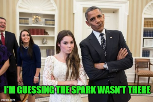 Maroney And Obama Not Impressed Meme | I'M GUESSING THE SPARK WASN'T THERE | image tagged in memes,maroney and obama not impressed | made w/ Imgflip meme maker