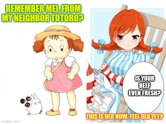Feel old yet? | REMEMBER MEI, FROM MY NEIGHBOR TOTORO? IS YOUR BEEF EVEN FRESH? THIS IS HER NOW. FEEL OLD YET? | image tagged in studio ghibli,wendy's,feel old yet,beef | made w/ Imgflip meme maker