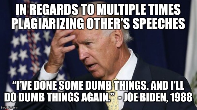 He was not qualified in 1988 to be president. Still he plagiarizes- “Build Better Back” from the UN | IN REGARDS TO MULTIPLE TIMES PLAGIARIZING OTHER’S SPEECHES; “I’VE DONE SOME DUMB THINGS. AND I’LL DO DUMB THINGS AGAIN.”  - JOE BIDEN, 1988 | image tagged in joe biden worries,dumb things,admits | made w/ Imgflip meme maker