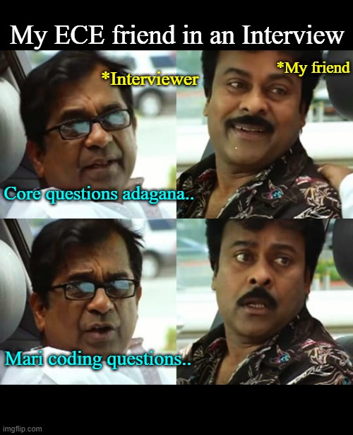 My ECE friend in an Interview; *My friend; *Interviewer; Core questions adagana.. Mari coding questions.. | image tagged in funny memes | made w/ Imgflip meme maker