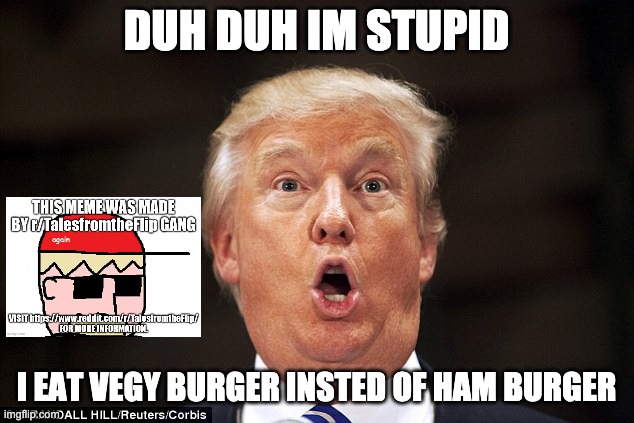 look at him stupid face XDXDXDXDXDXDXDXDXD | DUH DUH IM STUPID; I EAT VEGY BURGER INSTED OF HAM BURGER | image tagged in trump stupid face | made w/ Imgflip meme maker