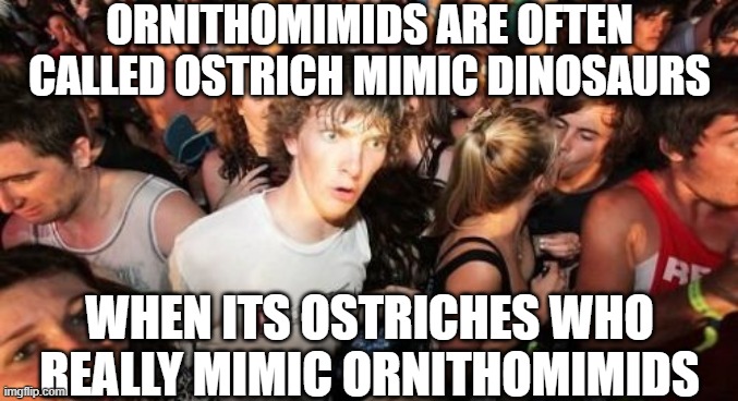 So Ostriches are really Ornithomimid Mimics | ORNITHOMIMIDS ARE OFTEN CALLED OSTRICH MIMIC DINOSAURS; WHEN ITS OSTRICHES WHO REALLY MIMIC ORNITHOMIMIDS | image tagged in memes,sudden clarity clarence,dinosaurs,palaeontology memes | made w/ Imgflip meme maker